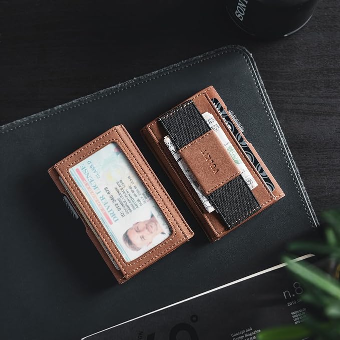 VULKIT Mens Minimalist Wallet for Max. 8 Cards with Pop-Up Credit Card Ejector RFID Blocking, ID Window and Elastic Strap for Bills or Keyring, Gift Box Packed, Brown