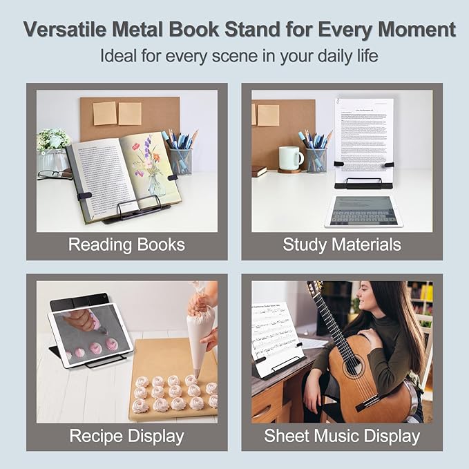 Metal Desk Book Stand for Reading with Adjustable Clips, Hands-Free Foldable Book Holder for Kids, Portable Document Stand for Desk, Display Stand for Recipes, Cookbooks, Tablets - Black