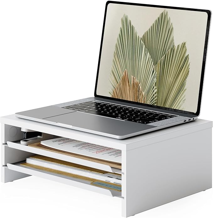 Fenge Monitor Stand, 3-Tier Monitor Riser with Slide-Out Tray, Wooden and Metal Desktop Organizer for Home Office, Computer, Laptop, Printer, Telephone