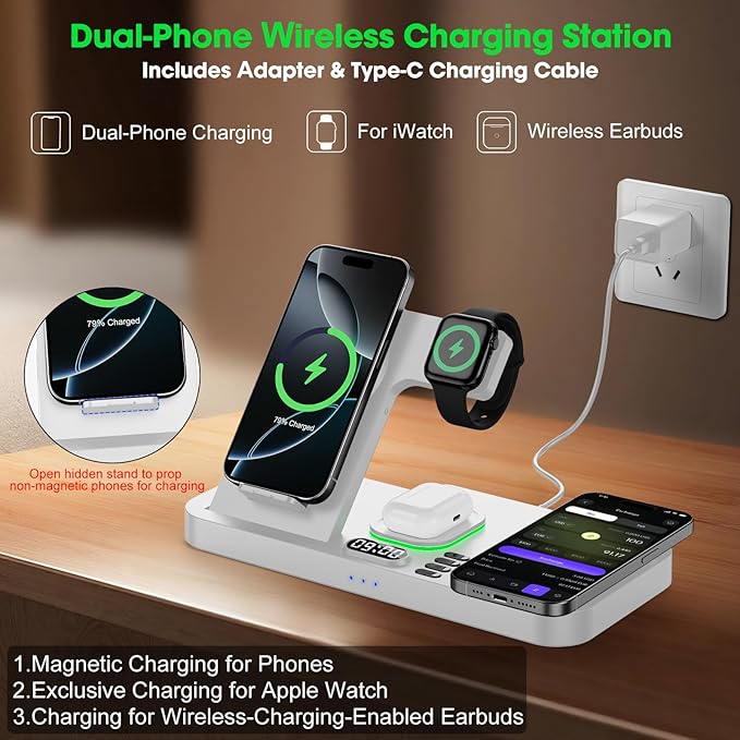 Dual Phone Wireless Charging Station for Apple Devices, Magnetic Charging Station for iPhone with Auto Switch 7-Color Light&Clock, Family Watch Charger for iPhone17 for iWatch11 for AirPods Pro3(White