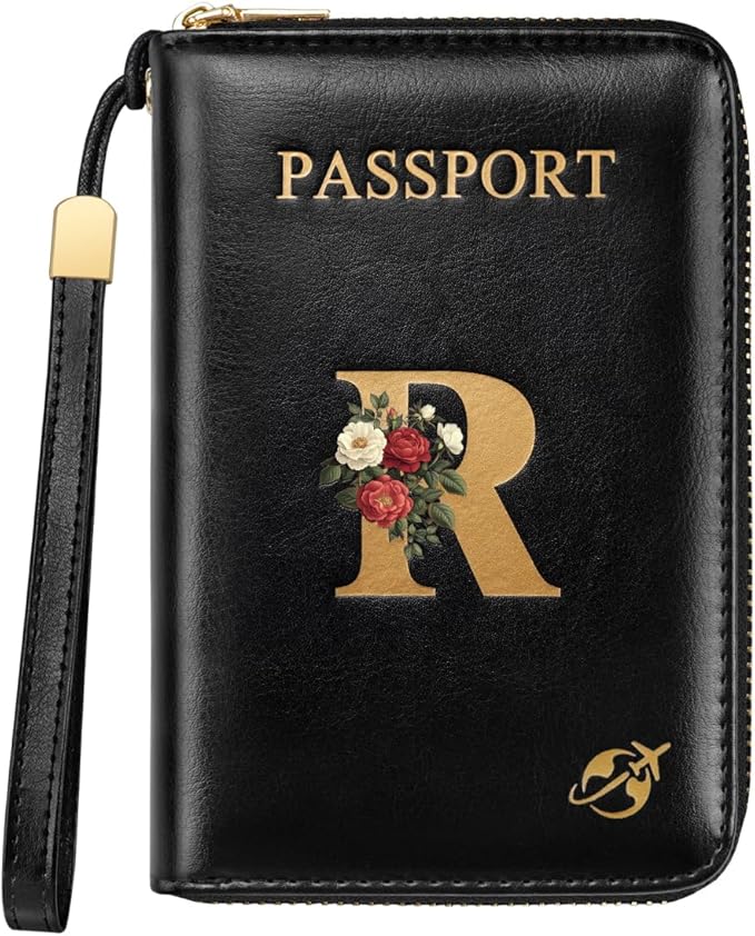 Passport Holder Cover Wallet with Zipper Personalized Initial Letter R Rose Flower RFID Blocking Travel Wallets Credit Cards Holder for Women, Gift for Wife and Girlfriend,R