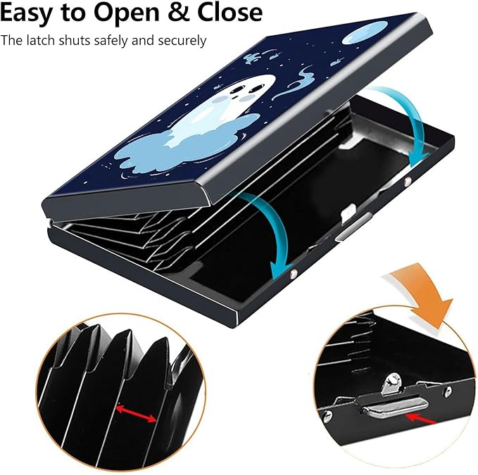 Credit Card Holder, Cute Small Spooky Halloween Design Mini RFID Blocking Aluminum Wallet Slim Metal Hard Case Shell Travel Wallet ID Case Small Credit Cards Case Business Cards for Women Men