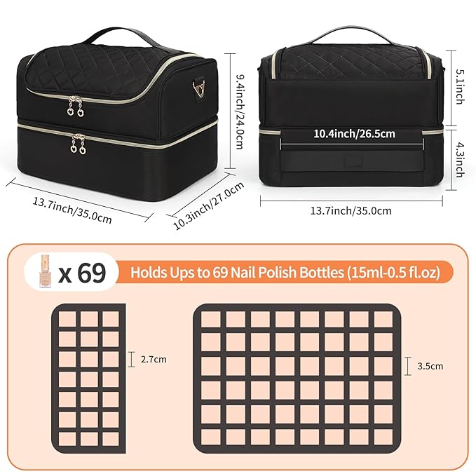 CUBETASTIC Nail Polish Organizer, Nail Tech Organizers and Storage Case Holds 69 Bottles Nail Polish & Nail Lamp, Travel Nail Supplies bag for Nail Tech Kit & Manicure Tools, Black