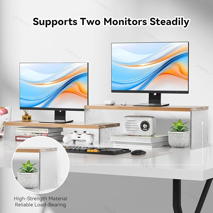 Adjustable Monitor Stand Riser with Acrylic Legs丨7.67" Wide Dual Monitor Stand for Desk丨2-Tier Wood Desktop Organizer for Computer, Laptop, Printer & PC丨Modern Aesthetic Desk Shelf(wood-glacial striae)