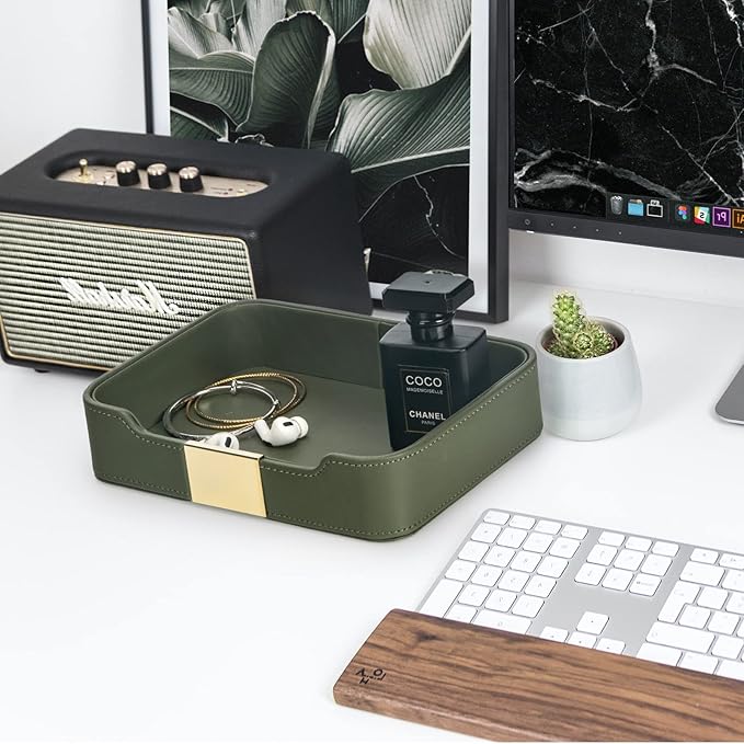SANZIE Luxury Leather Tray Desktop Storage Catchall Organizer Decorative Tray for Entryway Table to Hold Jewelry Watch Keys Phone Wallet (Metal Glided, Dusty Green)