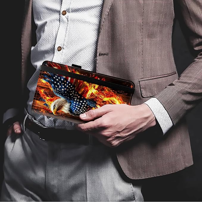 FUYOCWE Checkbook Covers for Personal Checkbook,Leather Checkbook Cover for Business/Personal Checks,RFID Blocking Check Book Cover Holder Wallets for Men Women-American Eagle Rebirth of Fire