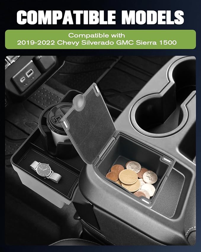 YEE PIN 3-in-1 Front Center Seat Headrest Organizer for 2019 2020 2021 2022 Chevy Silverado Compartment Tray Container Storage Box with Cup Holder Coin for Silverado 2026 Accessories (Jump Seat Only)