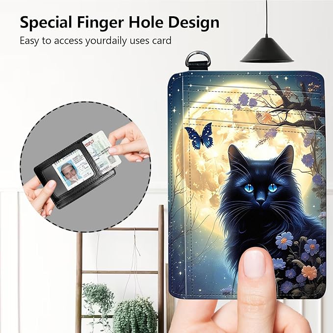 Slim RFID Blocking Card Holder Wallet with Wrist Strap - Minimalist Front Pocket Wallet, Black cat Moon Design, PU Leathe, for Men & Women, Ideal for Travel & Gifts