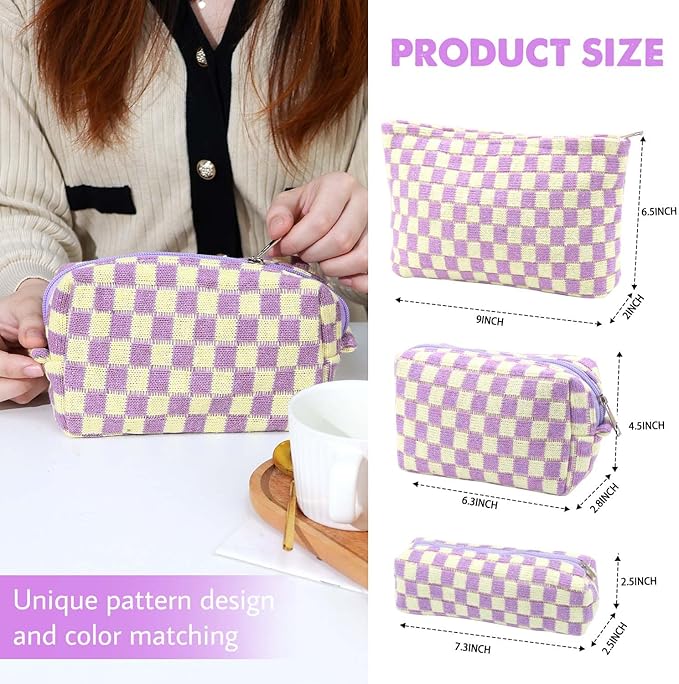3 Pcs Makeup Bag Checkered Cosmetic Bag Large Capacity Traveling Toiletry Pounch Organizer Cute Makeup Brushes Aesthetic Accessories Storage Bag for Girls Women (Purple-White)