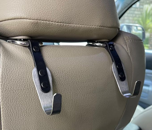 Car Headrest Hanger Purse Hooks 2 Pack Black Premium Leather Stainless Steel Car Seat Head Rest Storage Organizer Universal for Handbag Purse Vehicle Car Black