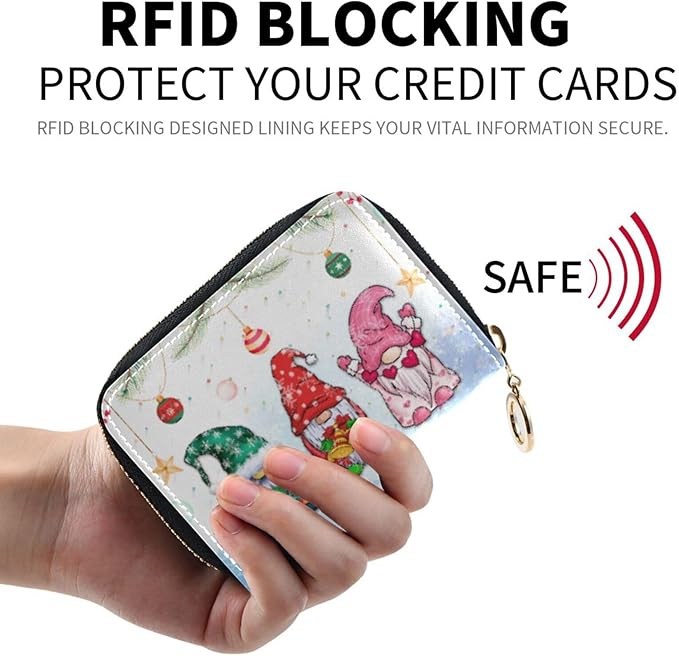 Gnomes RFID Credit Card Holder Wallets Christmas for Women Leather Zipper Card Case Accordion Wallet for Ladies Girls