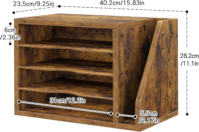 Creso hom Mail Sorter, File Organizer Desktop, Wood Desk Organizer with 3 Adjustable Shelves, Mail Holder for Office, Home, Letter Sorter File Holders for Envelopes, Supplies Magazines, Rustic Brown