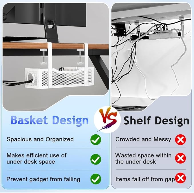 Under Desk Cable Management Tray, Heavy Duty Steel Wire Cord Organizer 13.4 Ich for Computer Desk, No Drill Adhesive or Screw Mount Options, Power Strip Holder for Home | Office | Shop (Silver)