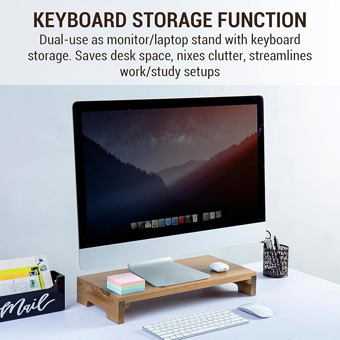 MyGift Premium Acacia Solid Wood Desk Monitor Stand, Laptop Riser & Keyboard Storage ??Wooden Desktop Organizer for Screen Display and Workspace Organization