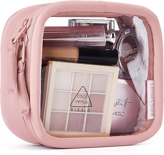 BAGSMART Mini Clear Makeup Bag for Women Portable Travel Toiletry Bag, Cute Small Water-Resistant Cosmetic Bag TSA Approved Clear Makeup Case Pouch with Zipper for Car Essentials(Blush Pink)