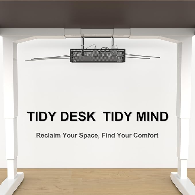 Under Desk Cable Management Tray - Fits up to 1.77" Thick Desks, No-Drill Clamp-on Wire Organizer, Reversible Inward/Outward Install, Heavy Duty Metal Power Strip Holder for Home Office & Gaming Desk