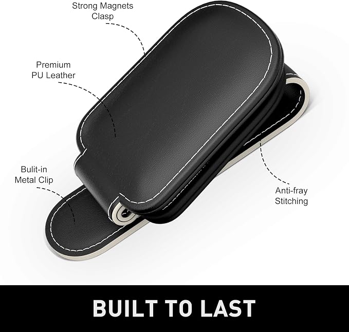 Sunglasses Holder for Car Visor, Magnetic Leather Car Sunglass Holder, Car Sun Visor Glasses Hanger Clip, Car Interior Accessories for Women Men, Fits All Size Eyeglasses