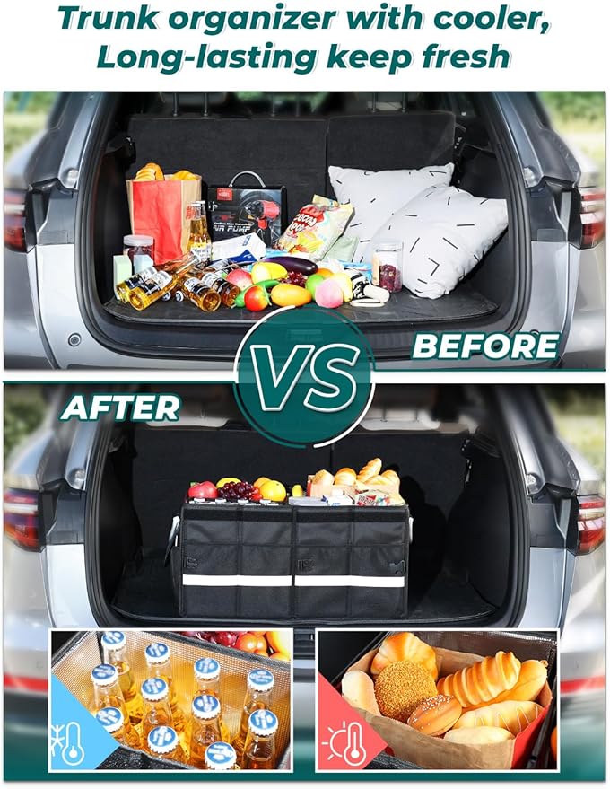 YOHOOLYO Car Trunk Organizer Cooler Bag Insulated Collapsible Trunk Organizer for SUV with Multi Compartments Lid
