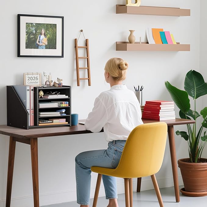 4-Tier Black Wood Desk Paper Organizer, Modern Desktop Letter Tray for File Folders, Black Office Desk Shelf Accessories & Workspace Organizers for A4 Documents, Sturdy Wood Sorter Orgnizer Shlef