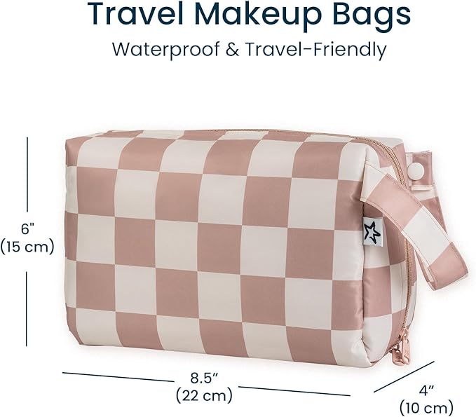 Tiny Twinkle Waterproof Travel Toiletry & Makeup Bag Organizer | Makeup Pouch with Multiple Compartments & Snap Handle for Travel | Gift for Teen Girls and Women（Beige Checkers