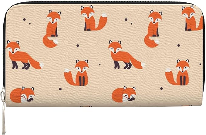 Vintage Cute Little Red Fox Wallet for Men Women Elegant Long Clutch Zip Around Travel Leather Coin Purse Large Capacity Credit Card Holder Handbag