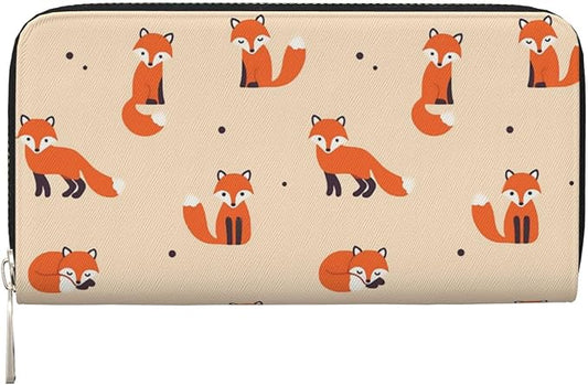 Vintage Cute Little Red Fox Wallet for Men Women Elegant Long Clutch Zip Around Travel Leather Coin Purse Large Capacity Credit Card Holder Handbag
