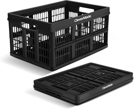 CleverMade Collapsible Utility Crate 45L Foldable Plastic Crate with Heavy Duty 66 lb Capacity for Storage, Trunk Organization, & Moving - Obsidian