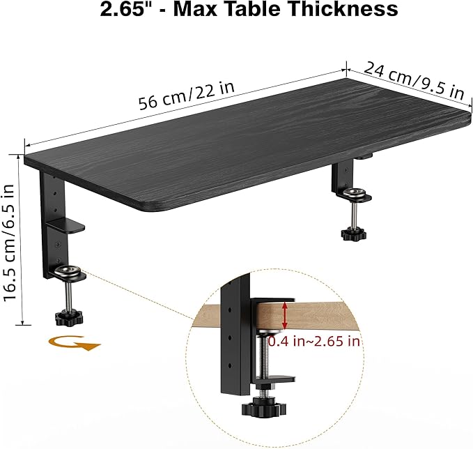Desk Extender, 22-inch Clamp-On Desk Shelf, Height-Adjustable Desktop Shelf Organizer for Monitors Office and Gaming Accessories, Arm Support Table Extension, 44lbs Heavy Duty, Black