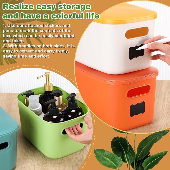 Thyle 12 Pack White Colorful Plastic Storage Bins with Lids 7 Quart Toy Storage Box Stackable Nestable Organizer Boxes with Handle and Labels for Classroom Shelf Bedroom Desktop Toys School Supplies