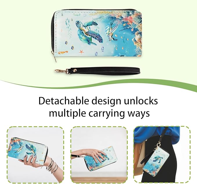 Sea Turtle Wallets for Women - Slim PU Leather Womens Wallet with Cash Zipper Coin Purse, Small Credit Card Holder Travel Wallet, Wristlet Wallets for Ladies Teen Girls Purse (Ocean Lovers Gift)
