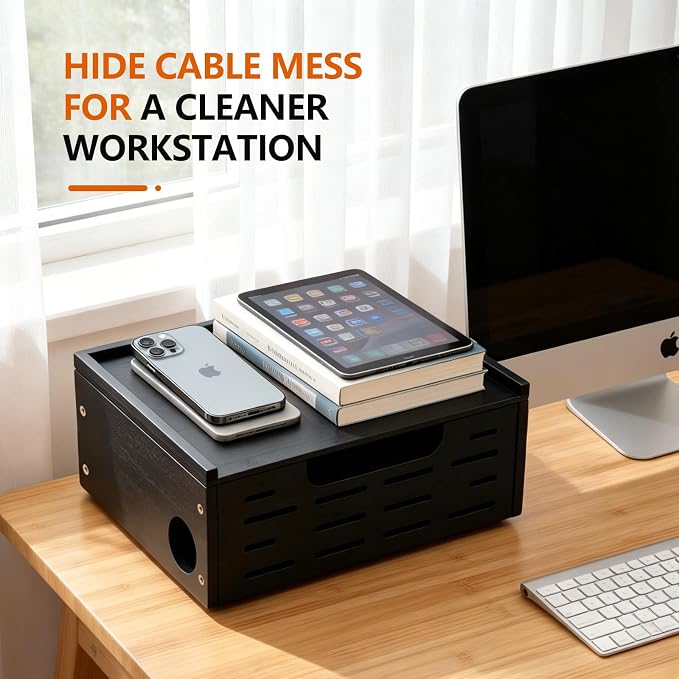 Wooden Black Cable Management Box– Large Extension Cable Organizer Box for Power Strips Floor Outlet Hider Durable Cord Hider for Home Office Under Desk,Floor TV Wires Computer Router USB Hub Cables