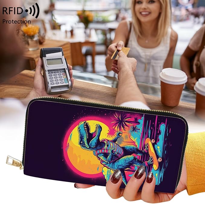 Womens Wallet,RFID Blocking Large Capacity Clutch,Zip Around Leather Purse with 8 Card Slots,Bill Compartments Coin Pocket - Funny Dinosaur