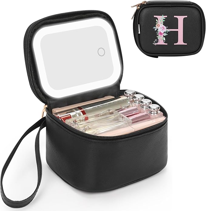 Relavel Mini Makeup Bag with Led Mirror for Mothers Day Gifts, Initial Cosmetic Bag with 3 Lighting Modes, Personalized Travel-Size Bag, Preppy Make Up Pouch for Trip - Black H