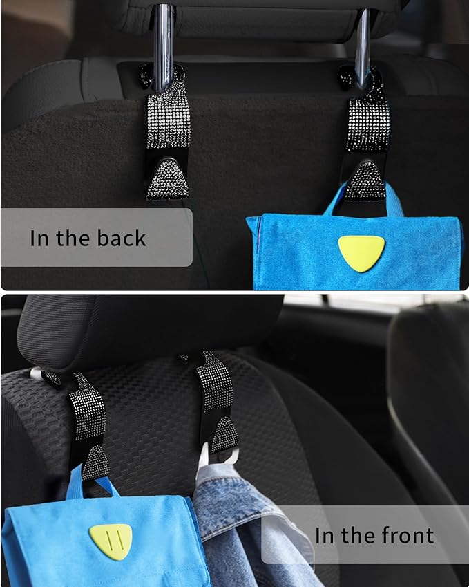 Sparkling Car Seat Hooks, 4 Pack, Black Purse Holder for Car Headrest, Chic Automotive Accessories for Women Essentials Handbag Clothes Coats Grocery Bags