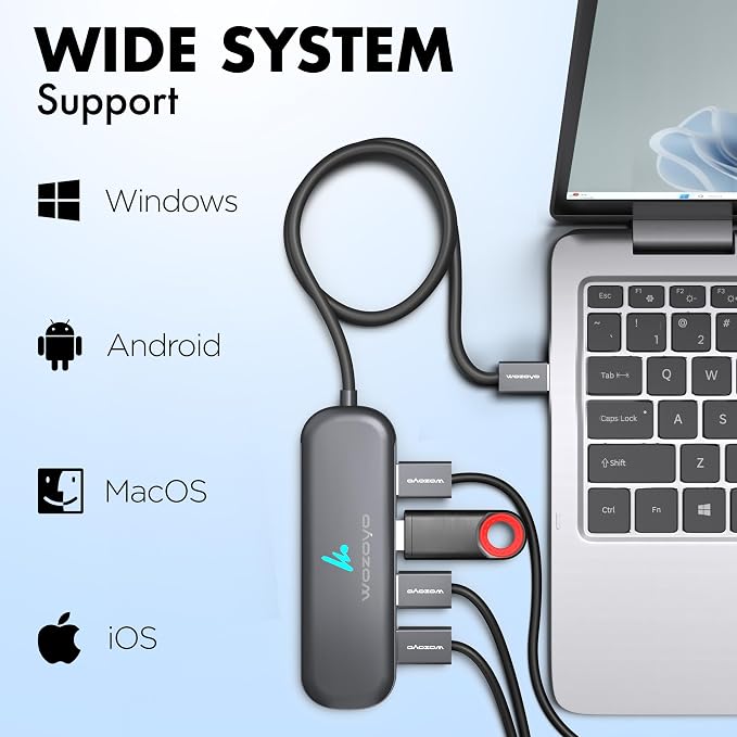 USB A to 4 Port Wozoyo USB 3.2 Hub, 4X USB 5Gbps, Data Transfer Speed Upto 5Gbps and 30cm Cable, Multiport USB Splitter for Laptop and Desktop, Plug and Play, Compact and Portable USB Expansion Hub