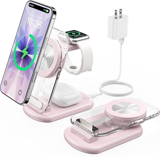 3 in 1 Magnetic Wireless Charging Station for Apple Devices, Fast Foldable Travel Mag-Safe Charger Stand with Night Light for iPhone 17 16 15 14 13 12 Series, Apple Watch/AirPods Pro, PK