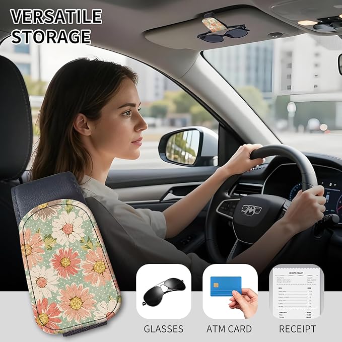 Sunglasses Holder for Car Visor, PU Leather Glasses Clip Organizer, Cute Magnetic Eyeglass Holder for Vehicle Sun Visor, Car Interior Accessory for Women & Men Retro Daisy Floral