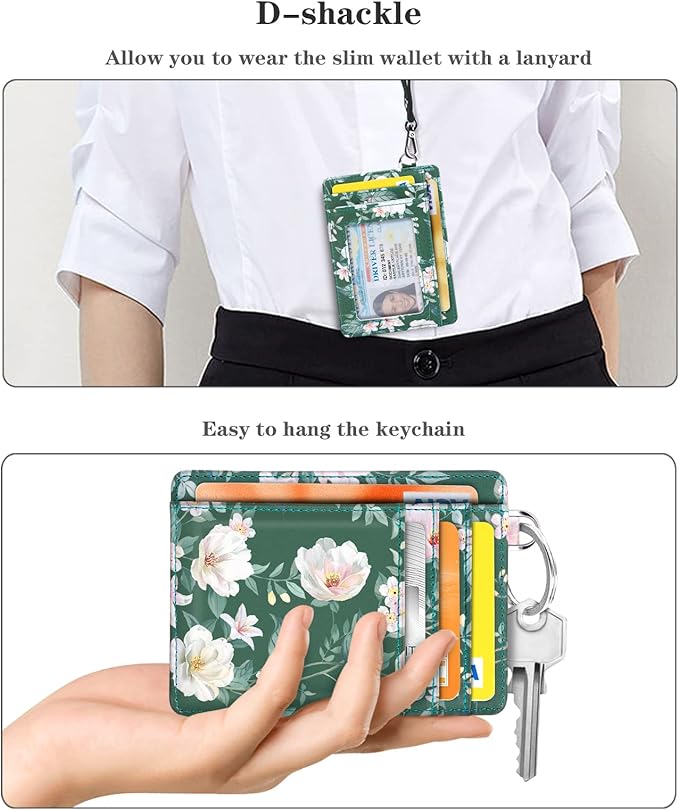 Coco Rossi Slim Front Pocket Wallet RFID ID Card Holder Cute Small Wallet with Keychian for Women, Alpine Green