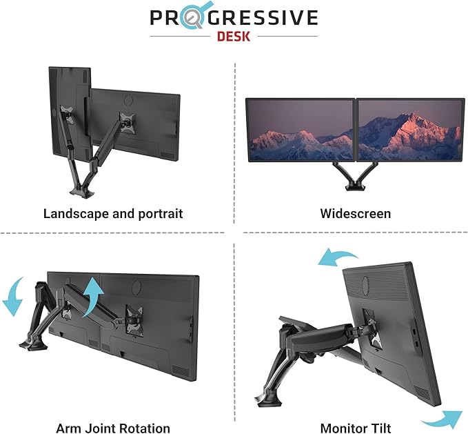Progressive Desk Dual Gas Spring Monitor Mount Stand - Fits 10"-27" Monitors - ±180° Monitor Rotation - Arm Holds Up to 20 lbs per Arm