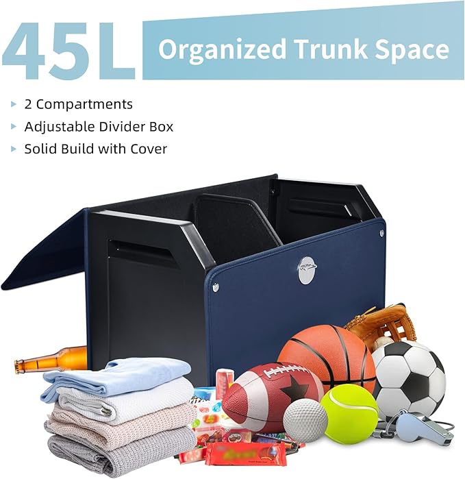 Car Trunk Organizer, Car Trunk Leather Storage Box with Lid and Push-pull Handle Car Trunk Storage Organizer for Car (Blue, 20.47 x 11.42 x 12.2in)