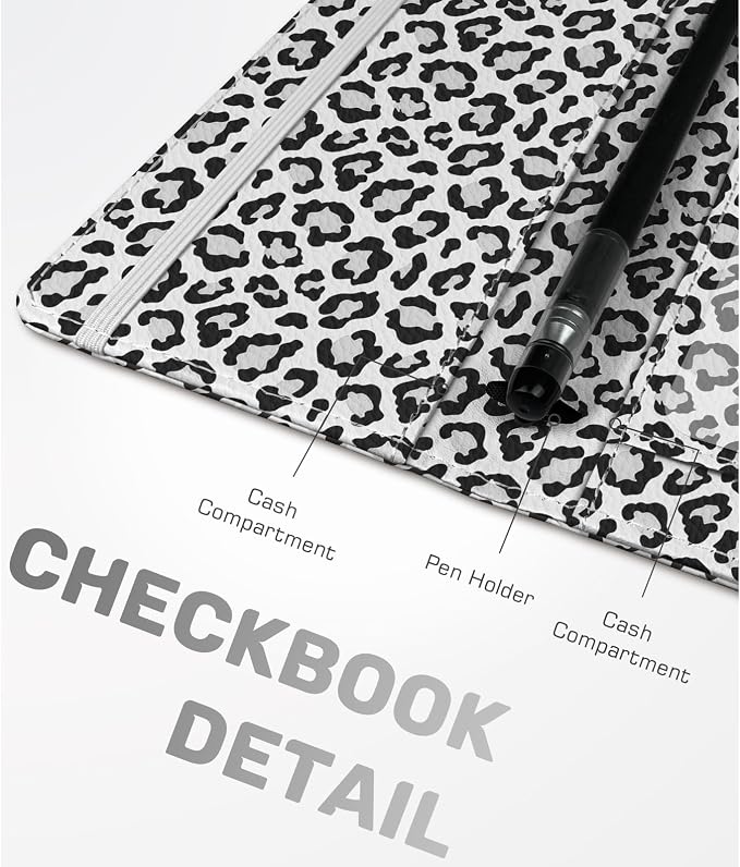Checkbook Cover for Men Women, Premium Leather Checkbook Holder with RFID Blocking and Built in Clear Plastic Divider for Personal and Business Checks (Leopard-White)