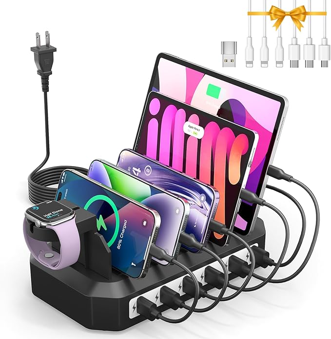 Charging Station for Multiple Devices: 6 Port USB Charger Stations - Family Multi-Device Organizer Charging Dock - Safer Designed for iPhone iPad Android Cell Phone Tablet(6 Cables Included)