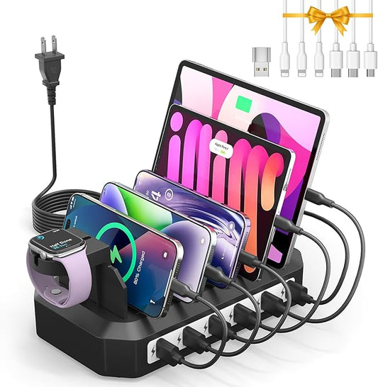 Charging Station for Multiple Devices: 6 Port USB Charger Stations - Family Multi-Device Organizer Charging Dock - Safer Designed for iPhone iPad Android Cell Phone Tablet(6 Cables Included)