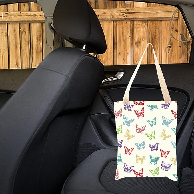 CREATCABIN Butterfly Car Trash Bag Car Garbage Bag Back Seat Organizer Trash Can Bin Cute Printed One-Handed Strap Garbage Bags for Car Accessories Vehicle Travelling Camping Outdoor 11.8x9.84 Inch