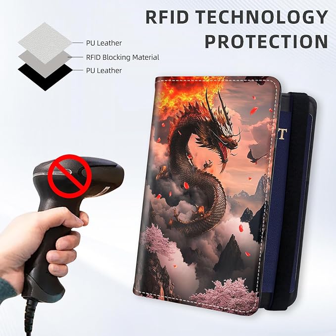 [Majestic Dragon Ultra-Slim Passport Holder Wallet with Pen Loop, RFID Blocking Faux Leather Travel Passport Cover, Compact Boarding Pass & Card Case Organizer for Women & Men