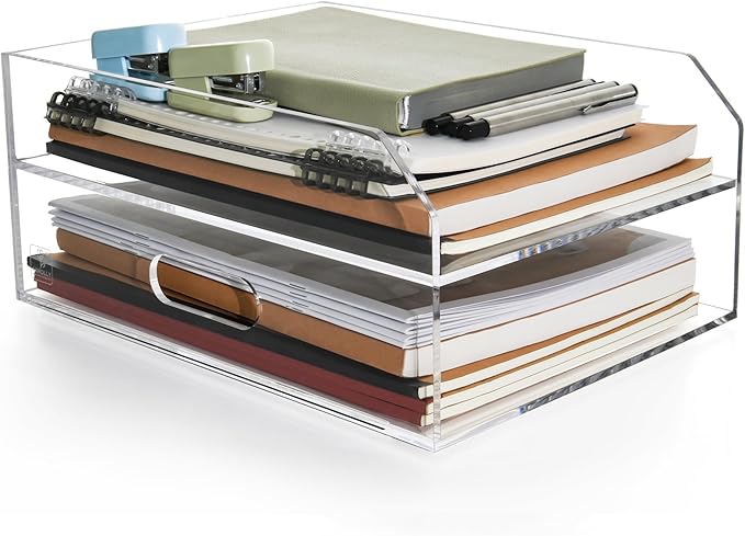 2 Tier Paper Organizer Letter Tray - Acrylic Tray Organizer for Desk, Paper Sorter Organizer for Letter/A4 Office File Folder Holder - Crystal-Clear File Organizer