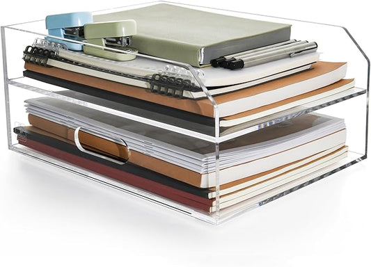 2 Tier Paper Organizer Letter Tray - Acrylic Tray Organizer for Desk, Paper Sorter Organizer for Letter/A4 Office File Folder Holder - Crystal-Clear File Organizer