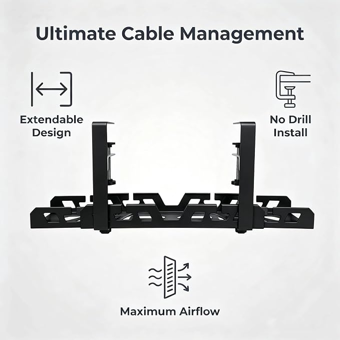 Under Desk Cable Management Tray 14.9-23.6 Inches Bidirectional Extendable Metal Cable Organizer with Clamp Mount, No Drill Wire Management System for Home Office & Gaming Desk(Black)