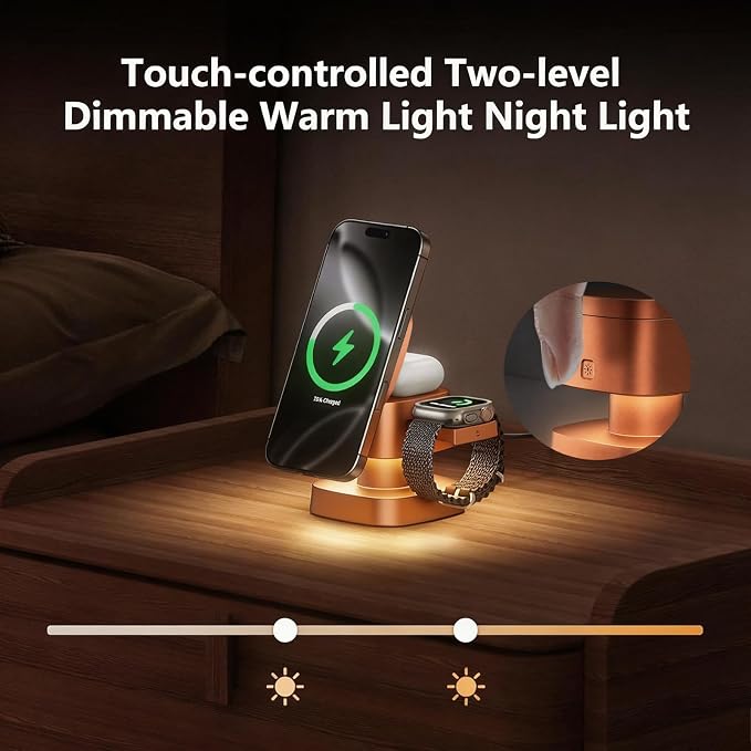 4 in 1 Charging Station for Apple Devices, 3 in 1 Wireless Charger Stand with Night Light for iPhone 17/16/15/14/13/12 Pro Max, Watch AirPods, 15W MagSafe Magnetic Charging for Bedroom Office (Orange)