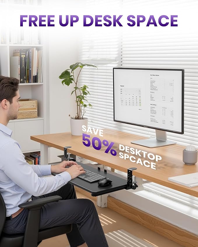 Ergonomic Mouse & Keyboard Tray Under Desk, Pull Out with Adjustable C-clamp, 20 (25.9 Including Clamps) x 11.8 Inch Slide Out Computer Keyboard Drawer Mouse Tray for Typing, Black